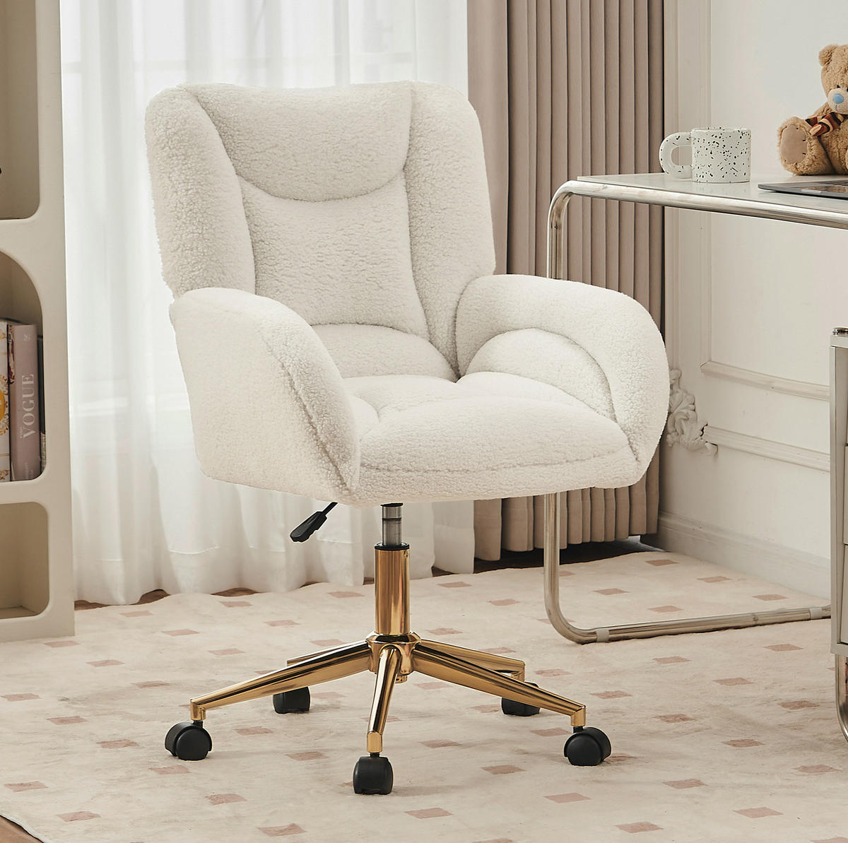 DREHSTUHL 64/92,5/62 cm Weiß aus Teddy-Stoff höhenverstellbar - Weiß, Textil (62/92.5/64cm) - OKMYHOME