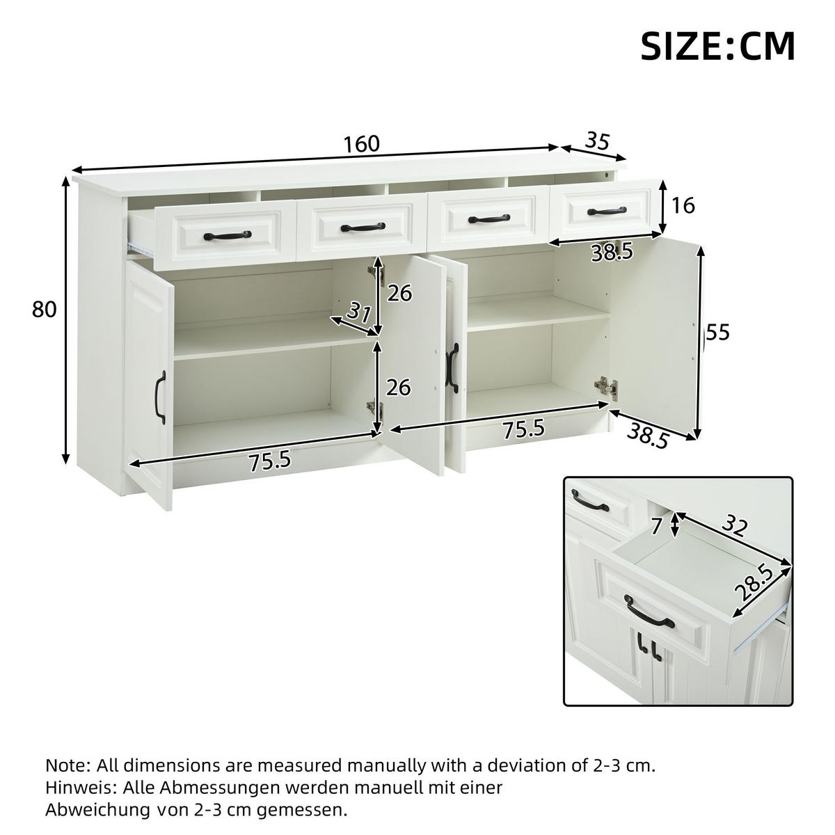 SIDEBOARD in Weiß Kommode mit verstellbarer Einlegeboden für Flur, Wohn-, Büros, B160/T35/TH80cm - Weiß/Naturfarben, Holzwerkstoff/Metall (160/80/35cm) - STILVORA