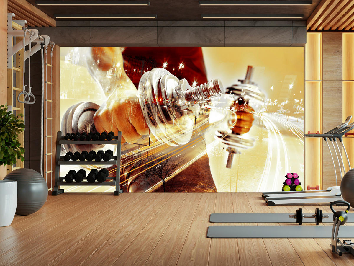 FOTOTAPETE für Jugendzimmer Sportler Mann Stadt Nacht Straße 450x315 - Gelb/Beige, Papier (450/315cm) - Muralo