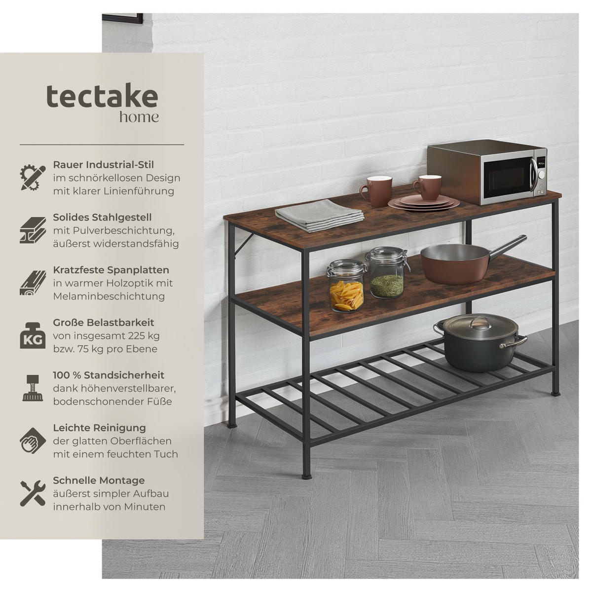 KÜCHENREGAL Akeley, 120 x 60 x 90, 5 cm, Industrial Holz dunkel, rustikal - Rostfarben, Holzwerkstoff (60/90.5/120cm) - tectake