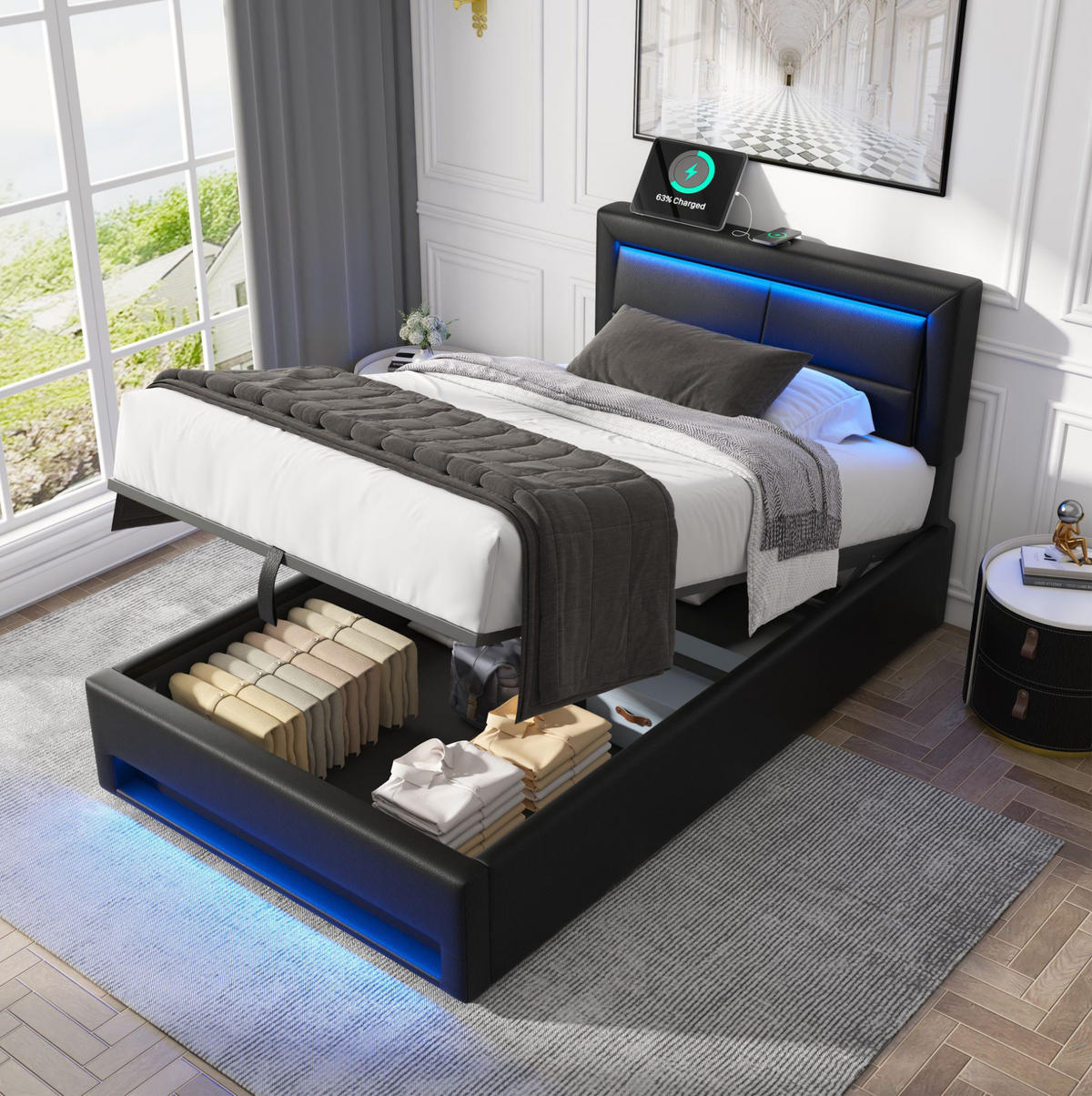 POLSTERBETT mit USB, LED und Stauraum 90x200 cm PU Schwarz - Schwarz, Metall (90/200cm) - Meubliv