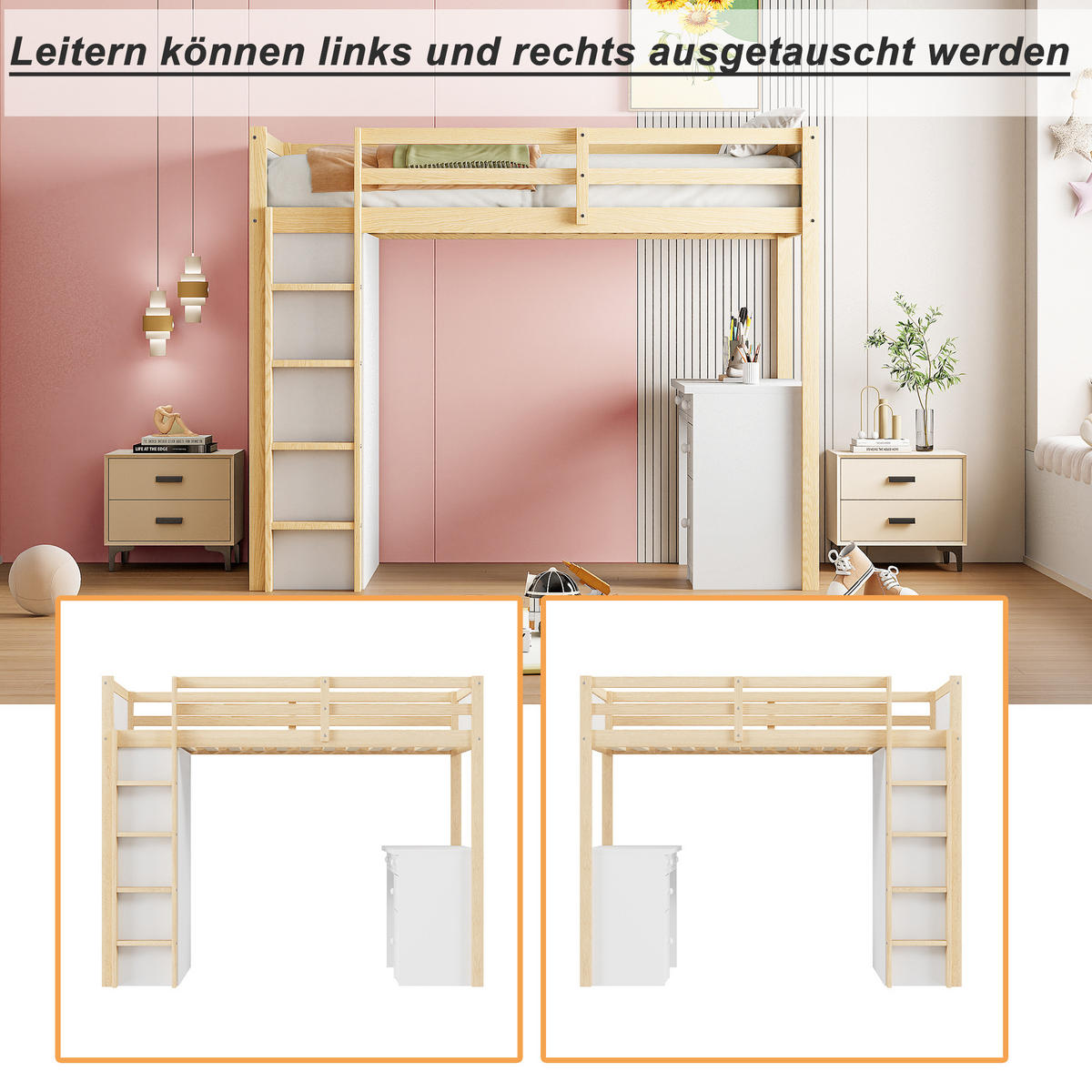 HOCHBETT 90x200 Holz Aufbewahrung Computertisch Kinder - Naturfarben, Holzwerkstoff - FLIEKS