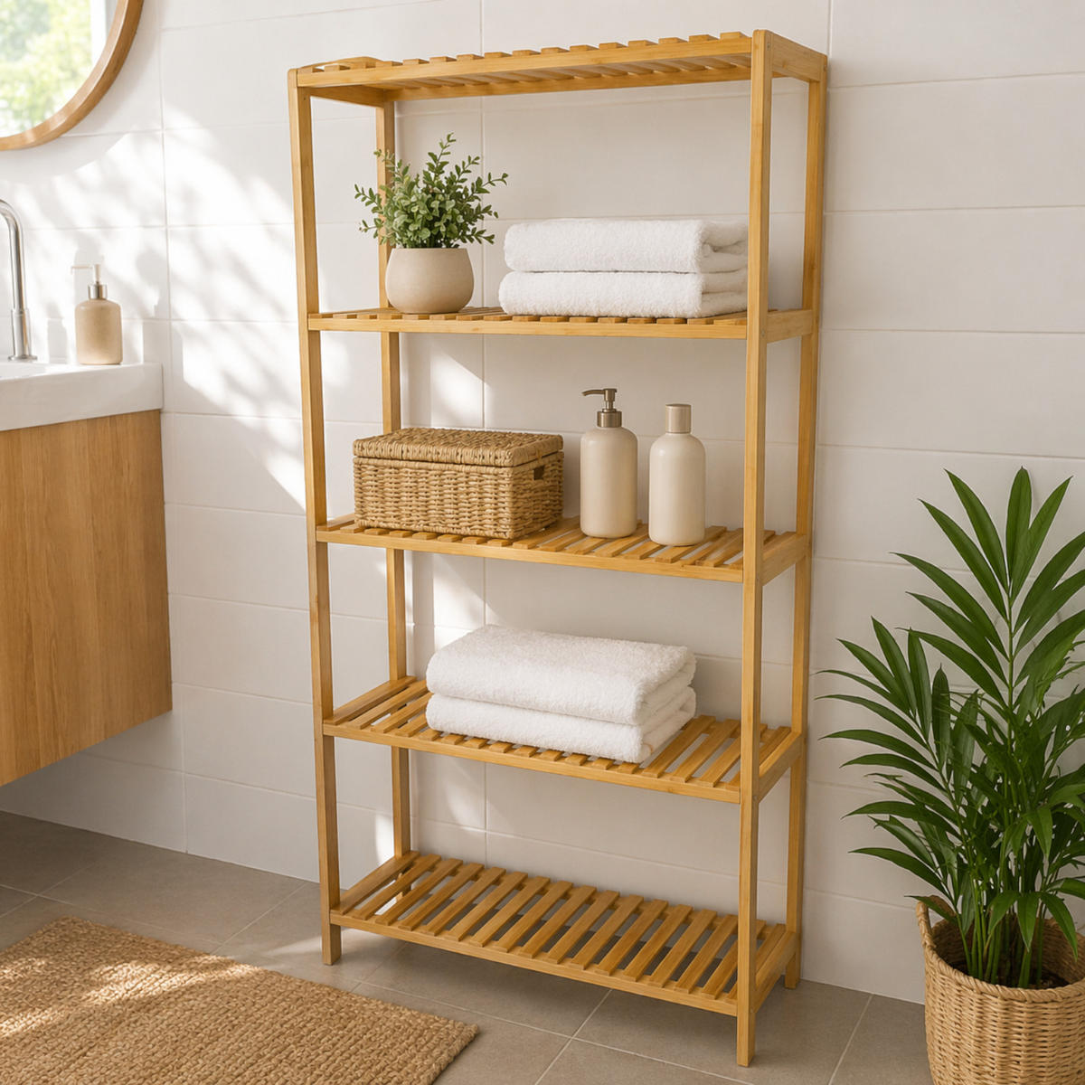 REGAL Bambus Naturfarben Badezimmerregal 5 Ebenen 60x26x130 cm - Naturfarben, Holz (26/130/60cm) - Begryf