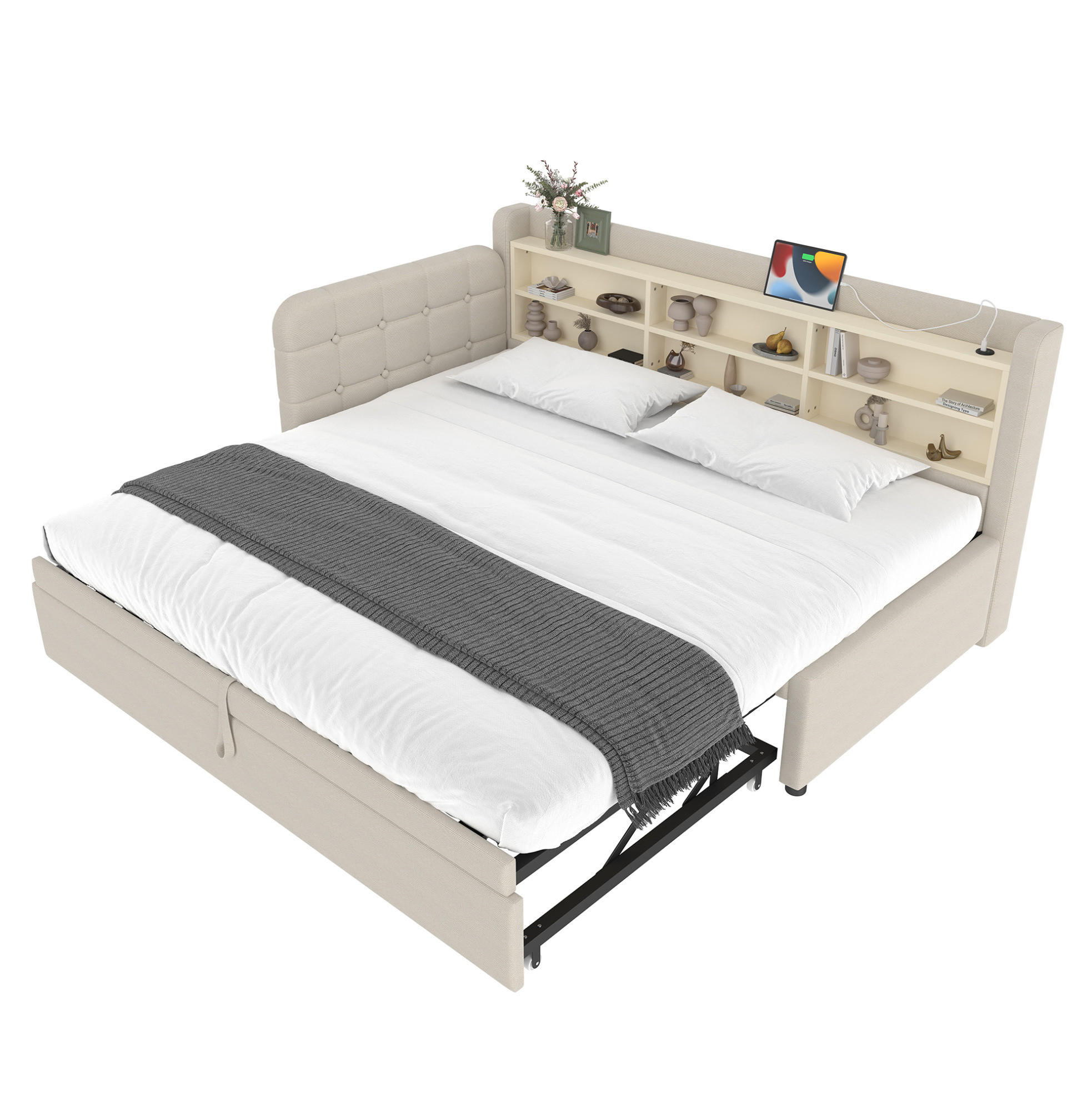 BETT 90/200 cm mit Ausziehbett, Kopfteil und USB/Typ-C – inkl. Lattenrost, Beige - Beige, Textil (90/200cm) - BEAOK