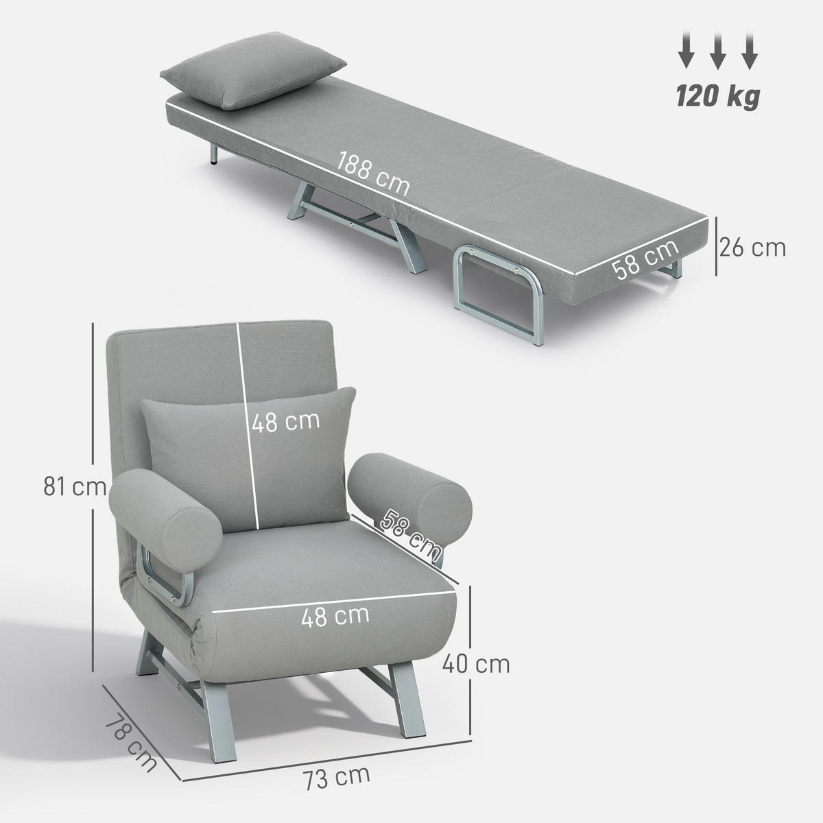 SCHLAFSESSEL DE-08241 zum Gästebett umwandelbar Hellgrau - Hellgrau, Metall (73/81/78cm) - ComfortXL