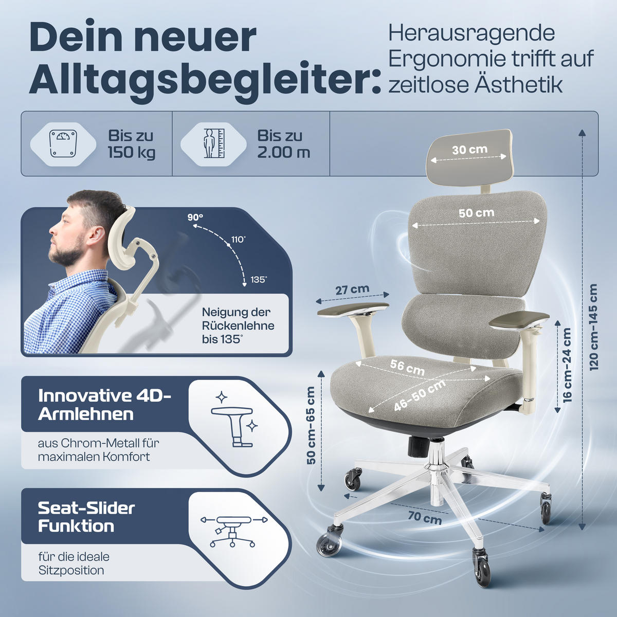BÜROSTUHL ProSeat Creme-Weiß - Beige/Silberfarben, Kunststoff/Textil (70/145/70cm) - Clouvou