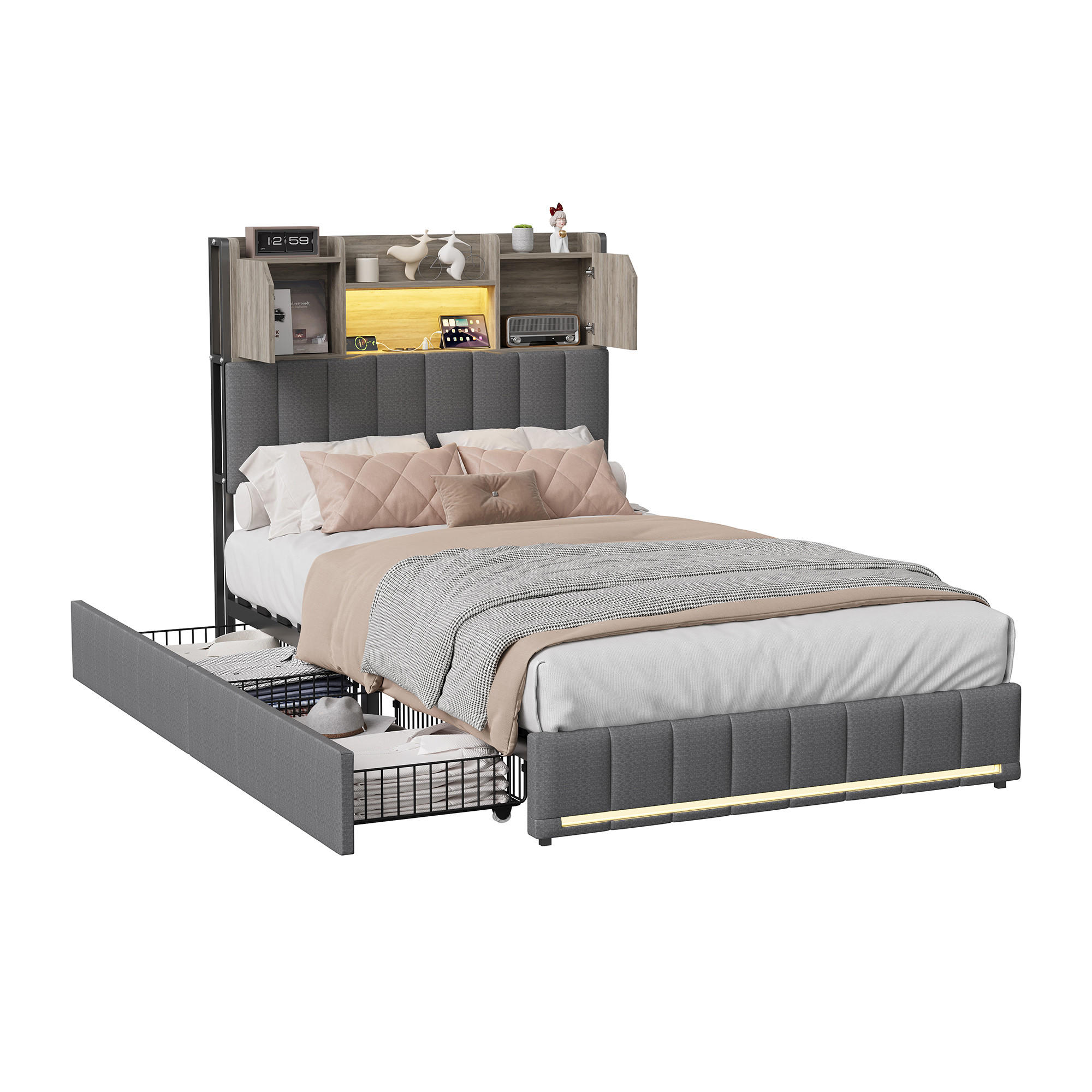 POLSTERBETT 90x200 cm mit LED und USB, Einzelbett mit Lattenrost und Kopfteil, 2 Schubladen, Bett 90x200, Leinenstoff, Grau - Grau, Holzwerkstoff/Textil (90/200cm) - GENKI LIVING