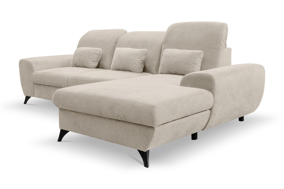 ECKSOFA LUCE R-S Creme Plüsch-Stoff mit Schlaffunktion - Creme, Holz (279/172cm) - MASSENO