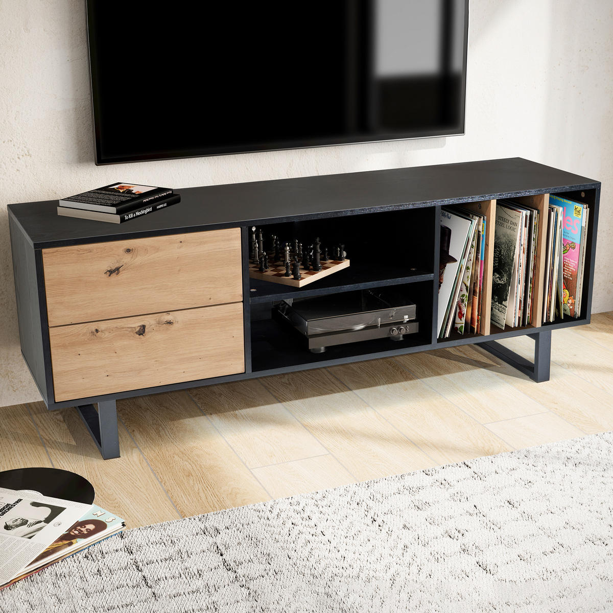 TV-LOWBOARD mit Eiche-Dekor, Schubladen und offenes Regal, modern, Schwarz 150x40x55 cm - Schwarz, Holzwerkstoff/Metall (150/55/40cm) - KADIMA DESIGN