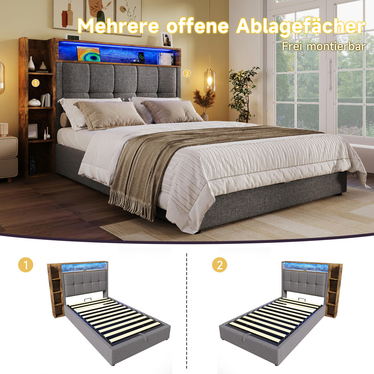 POLSTERBETT 90/200 cm Grau mit Stauraum, LED-Beleuchtung und USB-Anschlüssen - Grau, Textil (90/200cm) - Flora Grace