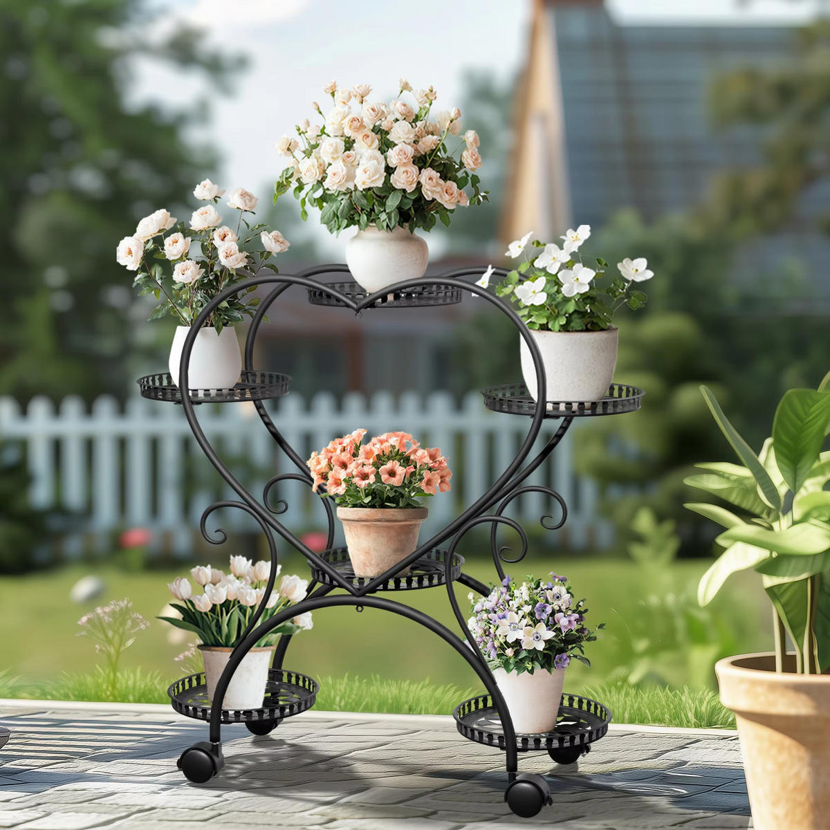 PFLANZENREGAL Herzform 6 Ebenen Metall mit Rollen Schwarz - Schwarz, Metall (58/80.5/28cm) - Kaket