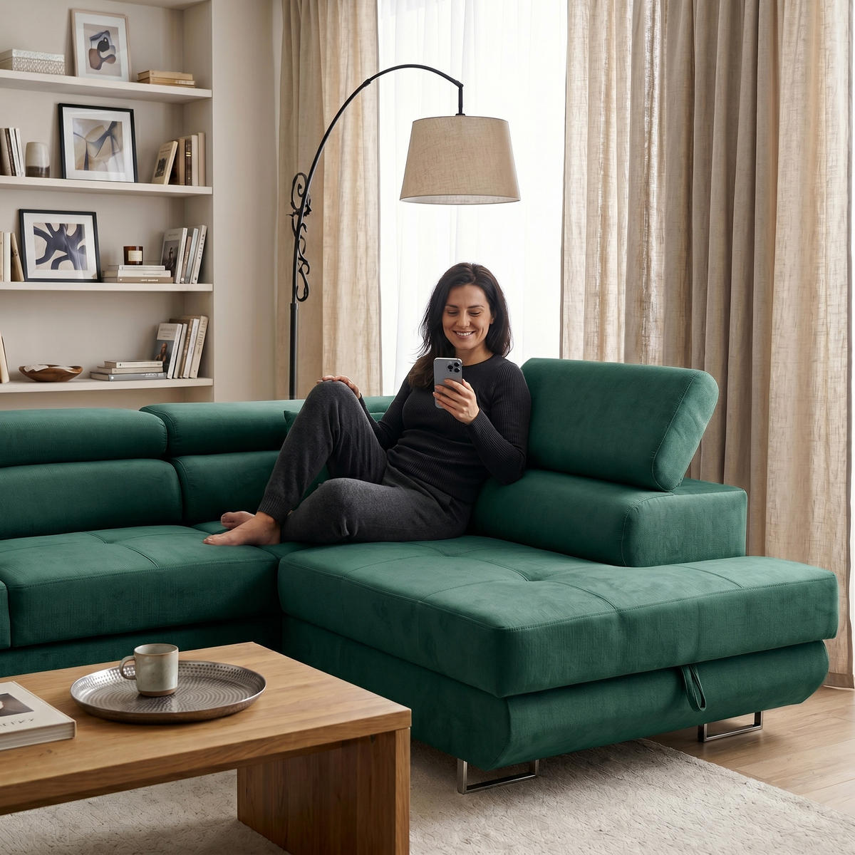 ECKSOFA WILD L Rechts mit Schlaffunktion 127x195 Velours Dunkelgrün - Chromfarben/Dunkelgrün, Holz/Textil (274/203cm) - Muffo