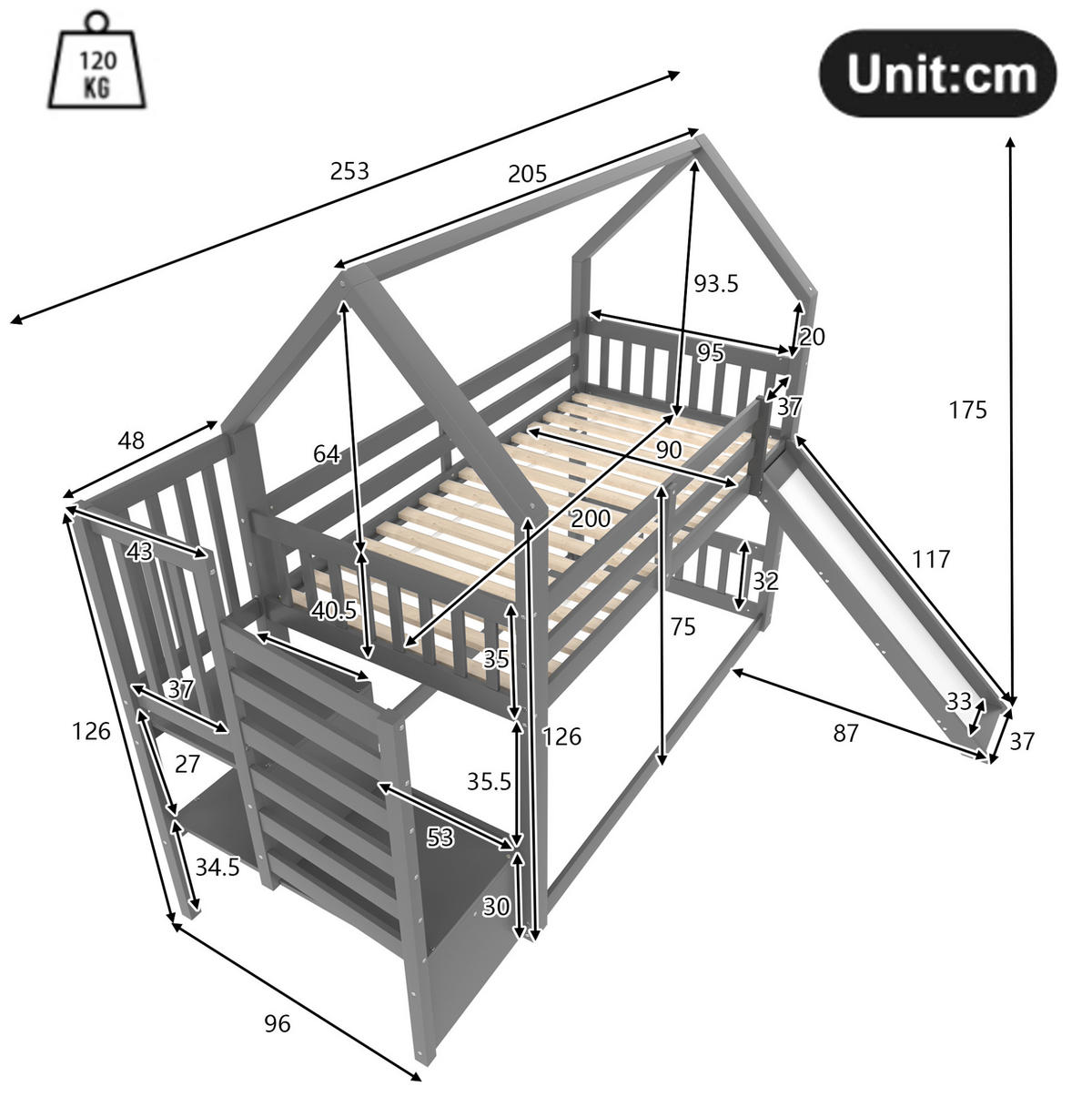 PATROVÁ postel 90/200 cm šedá s úložným prostorem a schůdky a skluzavkou - šedá, dřevo (90/200cm) - OKWISH