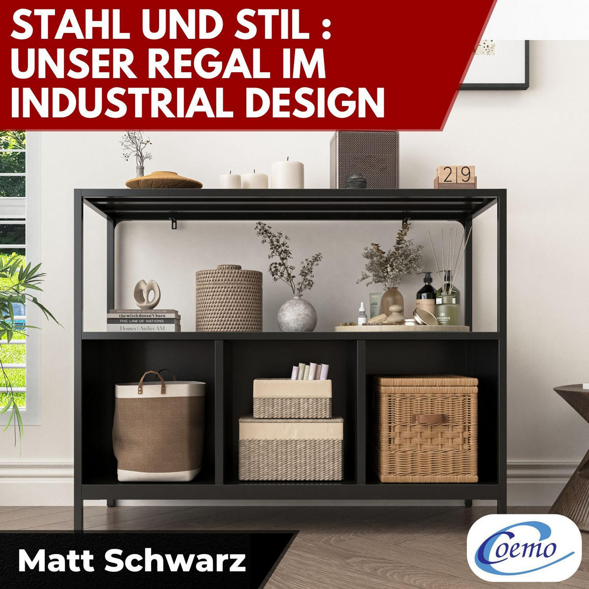SIDEBOARD CHICAGO Metall offene Fächer 110/43/88 cm - Schwarz, Metall (43/88/110cm) - Coemo