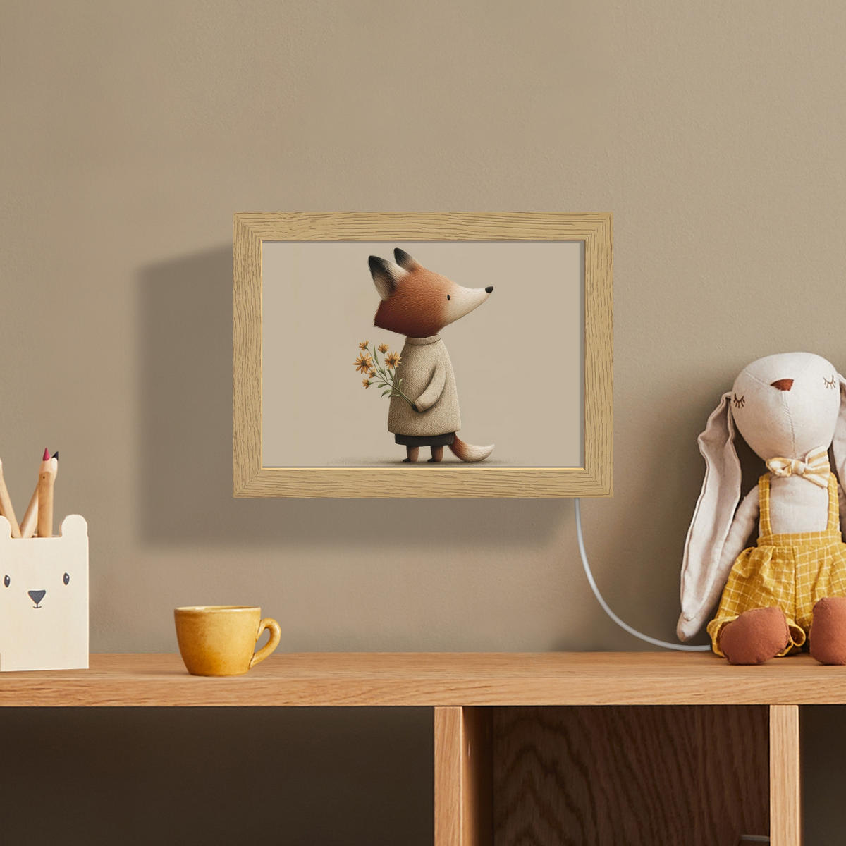 NÁSTĚNNÁ LAMPA Liška - Žluté květy - Minimalistický 20x15 cm - šedohnědá, kompozitní dřevo (20/15/8cm) - OnlyWow