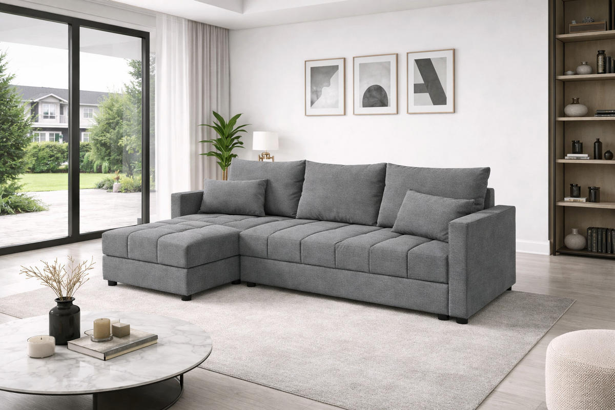 WOHNLANDSCHAFT AURELIA– Ecksofa in L-Form mit Schlaffunktion Bettkasten & Kissen Stoff KRONOS 226 cm Grau - Grau, Kunststoff (226/140cm) - Wohnideebilder