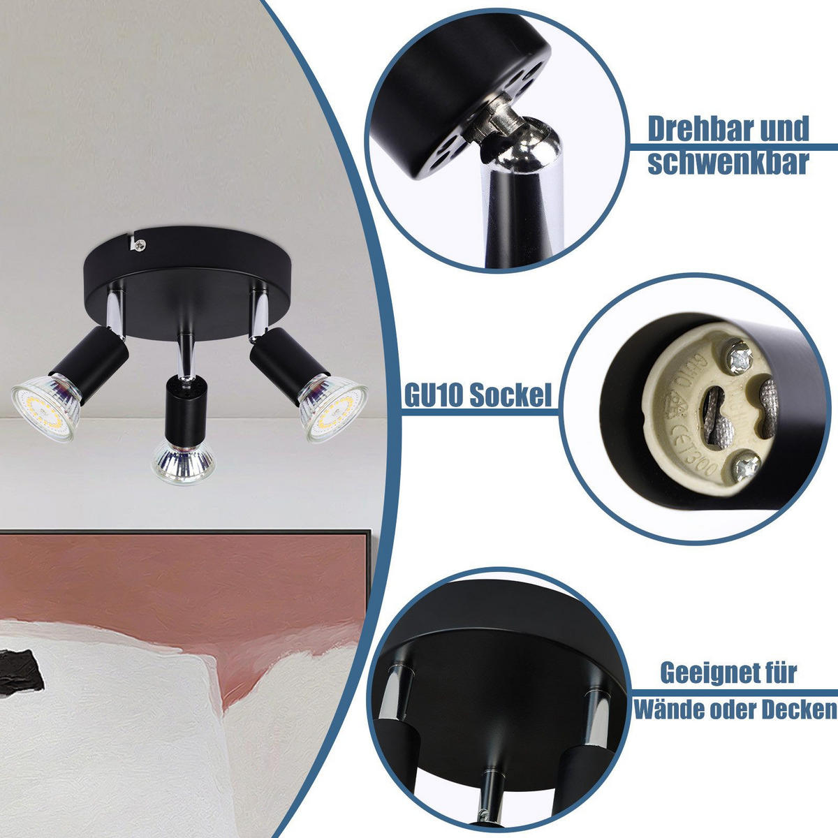 DECKENSTRAHLER Hans 12/12/8cm - Schwarz, Metall (12/12/8cm) - ZMH