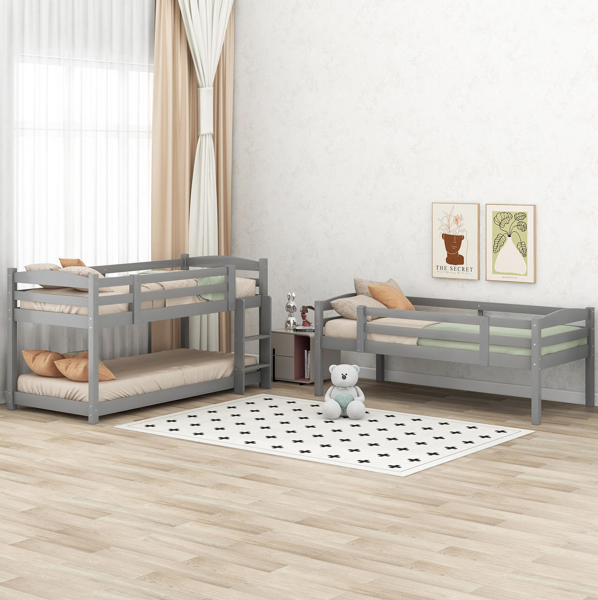 ETAGENBETT 90/200 cm Grau aus Kiefernholz, 3 Schlafplätze mit 2 Leitern - Grau, Holz (90/200cm) - Flora Grace