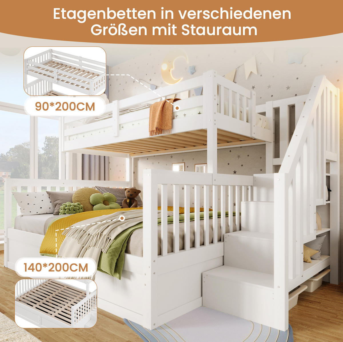 ETAGENBETT aus Kiefernholz 90x200 cm + 140x200 cm Weiß/Natur mit hydraulischem Stauraum und Ablagetreppe - Weiß, Holzwerkstoff (90/200cm) - Modfu