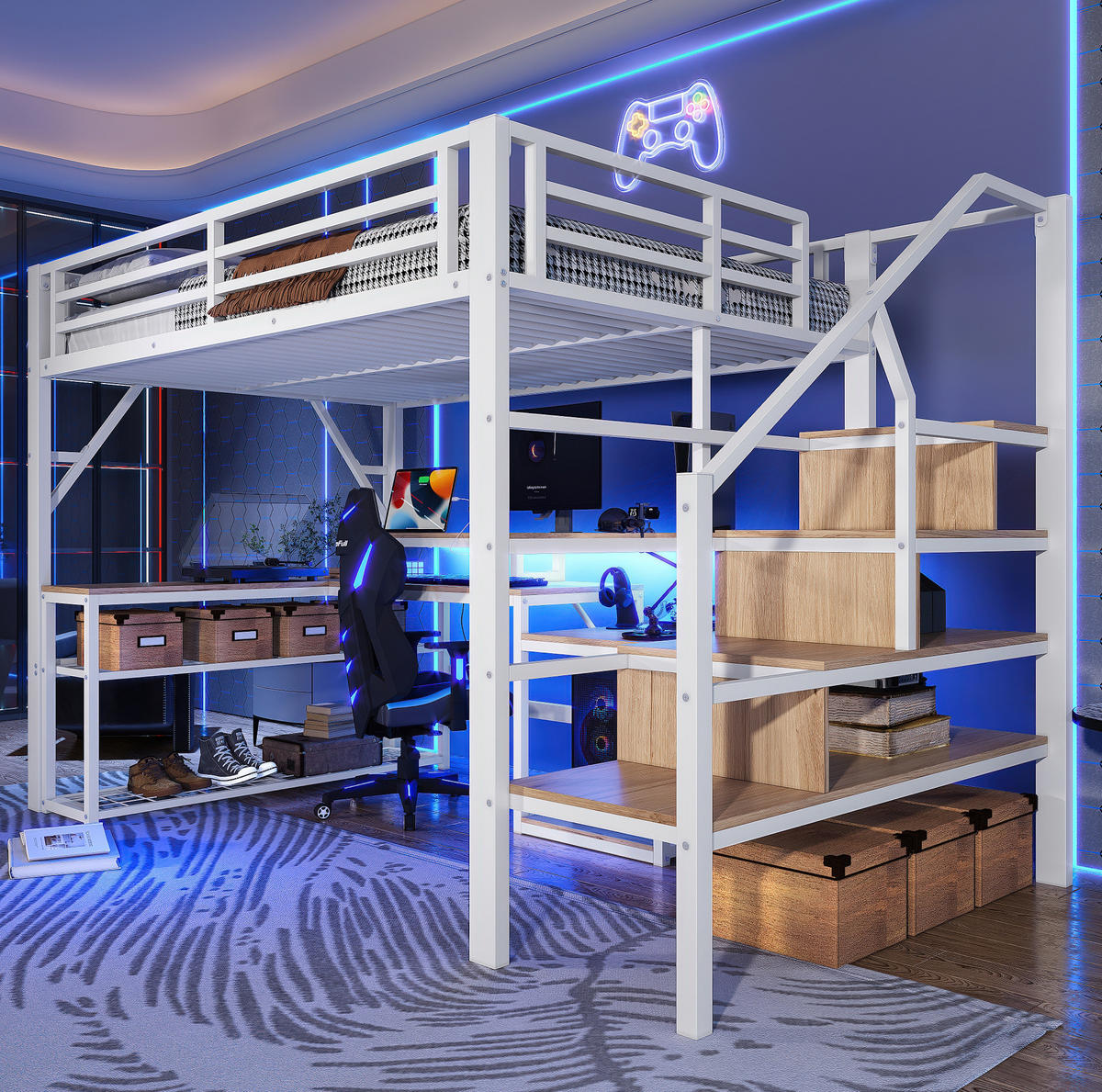 HOCHBETT 140/200 cm, Weiß mit Schreibtisch, LED-Streifen und USB-Anschluss - Weiß, Metall (140/200cm) - MIVRAY