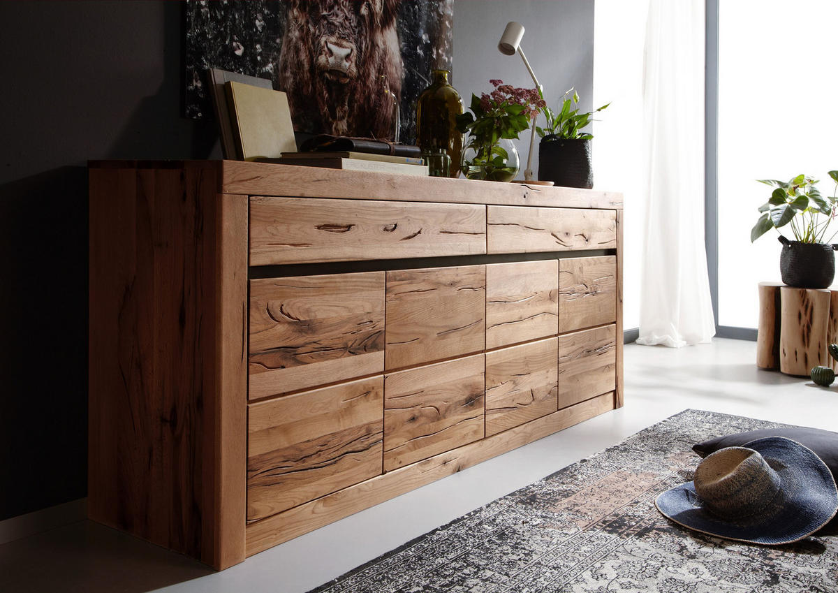 SIDEBOARD Wildeiche / Zerreiche 202x43x80 natur geölt MONTREUX #152 - Braun, Holz (202/80/43cm) - Massivmoebel24
