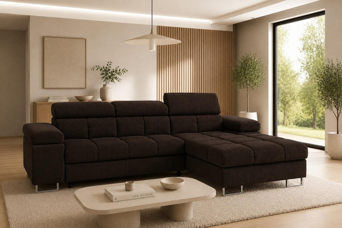 ECKSOFA COMODO Rechts mit Schlaffunktion & Bettkasten Schokobraun - Dunkelbraun, Textil (271/203cm) - KS Home Concept