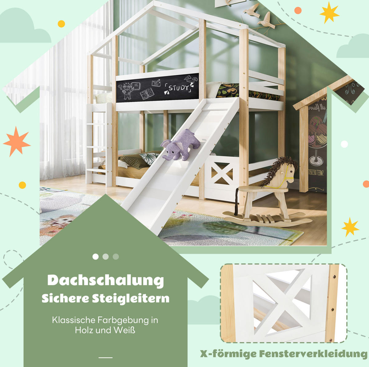 HOCHBETT 90/200 cm aus Massivholz mit Rutsche und Tafel in Weiß/Natur - Weiß, Holz (90/200cm) - BEAOK