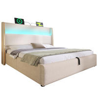 ČALÚNENÁ posteľ z ľanu 160x200 cm béžová s LED osvetlením, USB/Type-C a hydraulickým úložným priestorom - béžová, textil (160/200cm) - Modfu