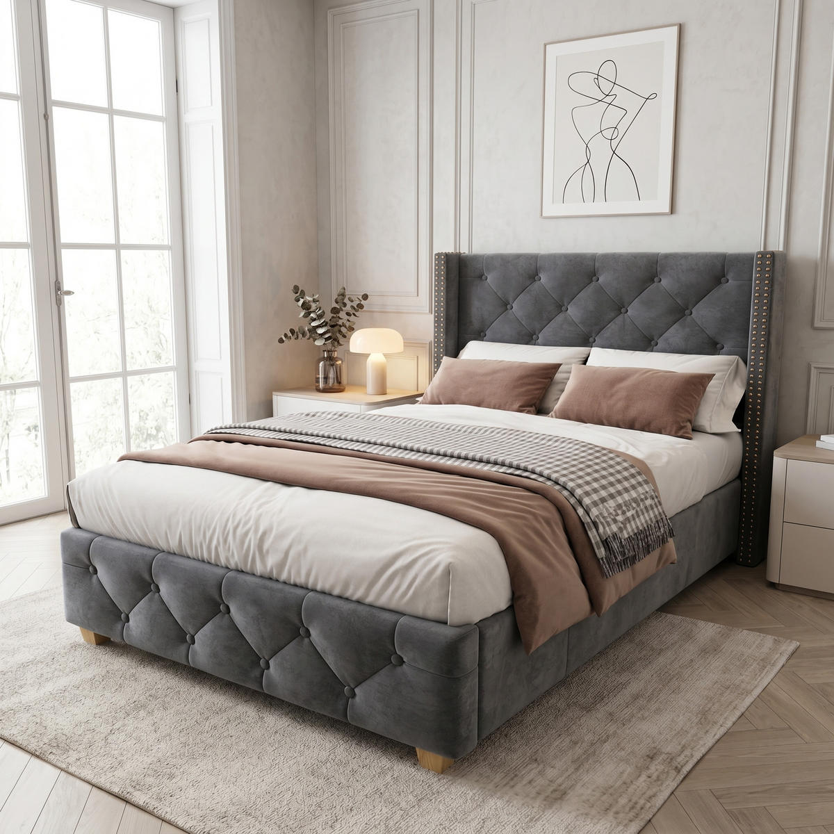 POLSTERBETT 90x190cm Samt Grau Kopfteil Holzbeine - Grau, Textil (90/190cm) - FLIEKS