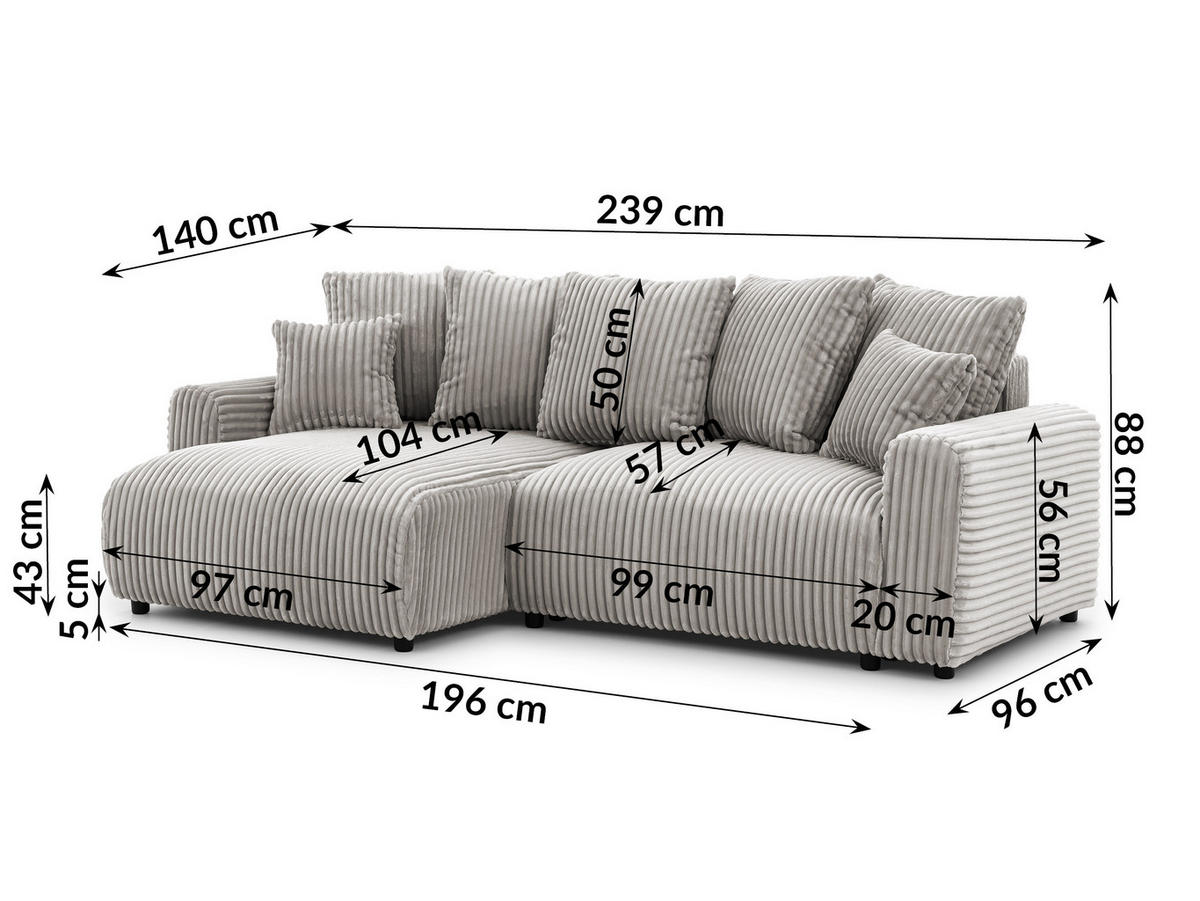 ECKSOFA Calma mit Schlaffunktion und Bettkasten im Bumpy-Design aus weichem Taupe Plüschcord - Ottomane links - Taupe/Schwarz, Holz/Kunststoff (239/140cm) - S-Style