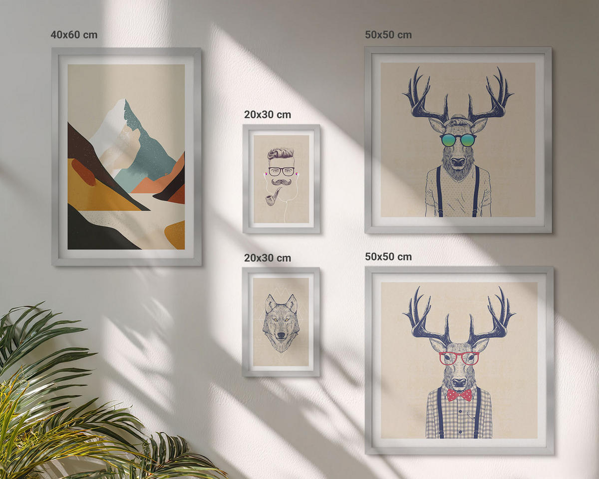 WANDBILDER 5er Set - 50x50 cm & 20x30 cm & 40x60 cm Silberner Rahmen - Strand, Leuchtturm, Berge, Wiesen, Blumen - Silberfarben, Kunststoff (40/60cm) - ArtPrintCave