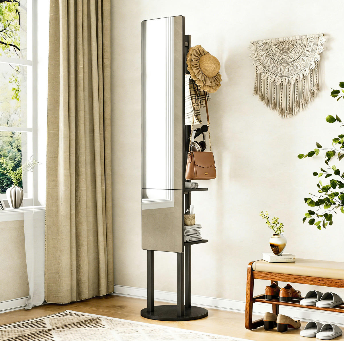 SPIEGELGARDEROBE 135/30 cm drehbar aus Stahl und Spanplatte mit Kleiderhaken, Schwarz - Schwarz, Holzwerkstoff (40/174/40cm) - Redom