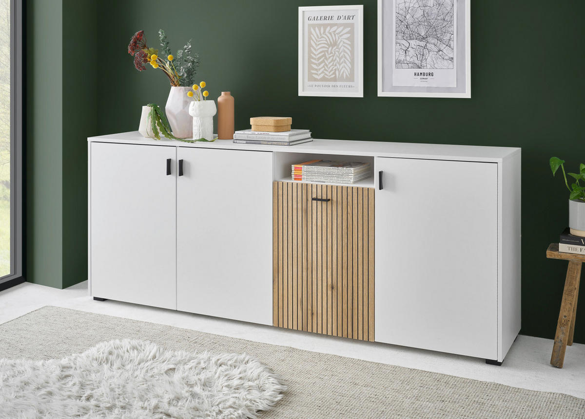 SIDEBOARD weiß matt, Eiche 200 cm, Kommode mit 12 Fächern und Soft-Close - Eichefarben/Schwarz, Holzwerkstoff/Kunststoff (200/80/42cm) - Furn.Design
