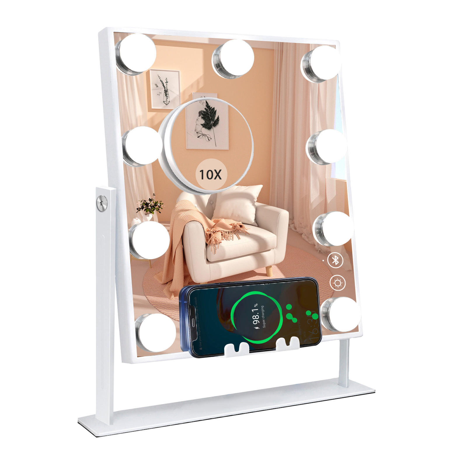 SCHMINKSPIEGEL mit LED-Beleuchtung und Bluetooth weiß 25/30 cm - Weiß, Metall (25/30/3cm) - VANITII