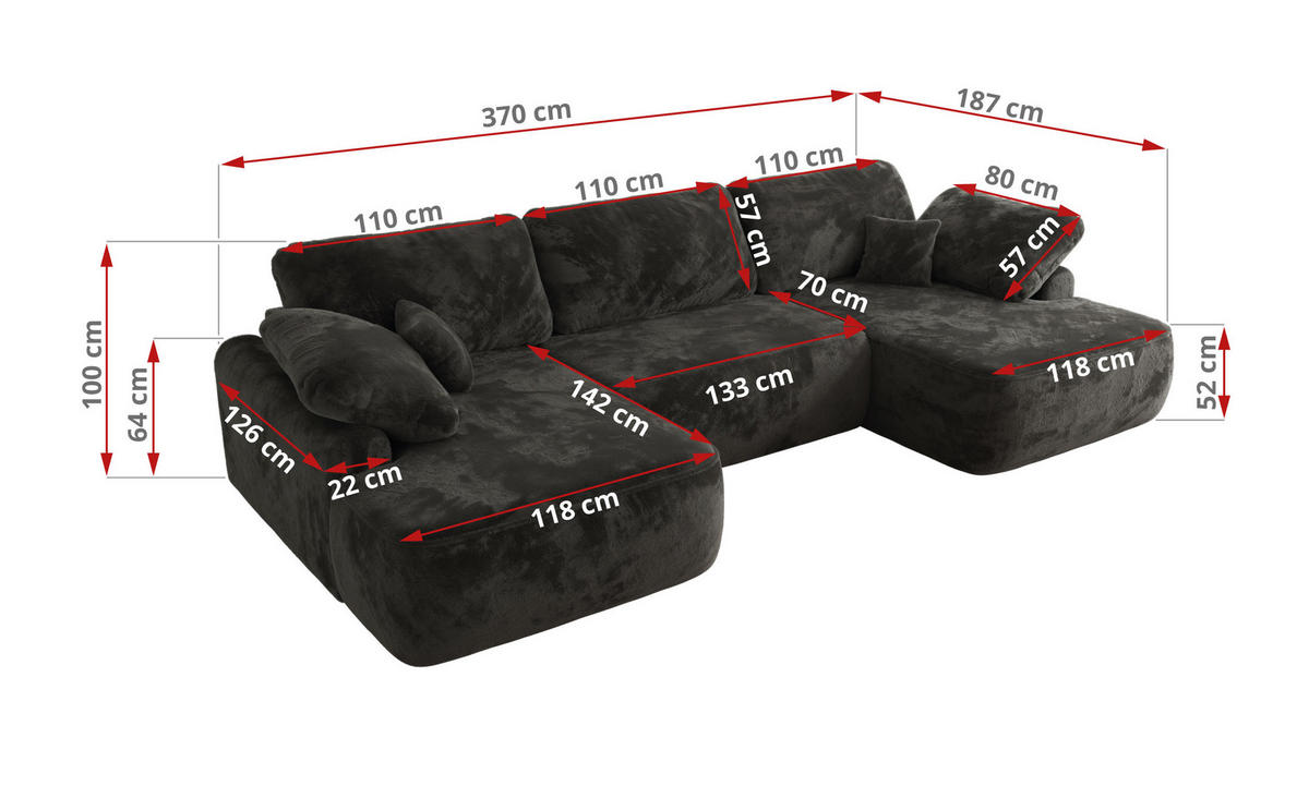 WOHNLANDSCHAFT CUBO U Dunkelgrau Plüsch - Dunkelgrau/Schwarz, Kunststoff/Textil (370/100/187cm) - MKS