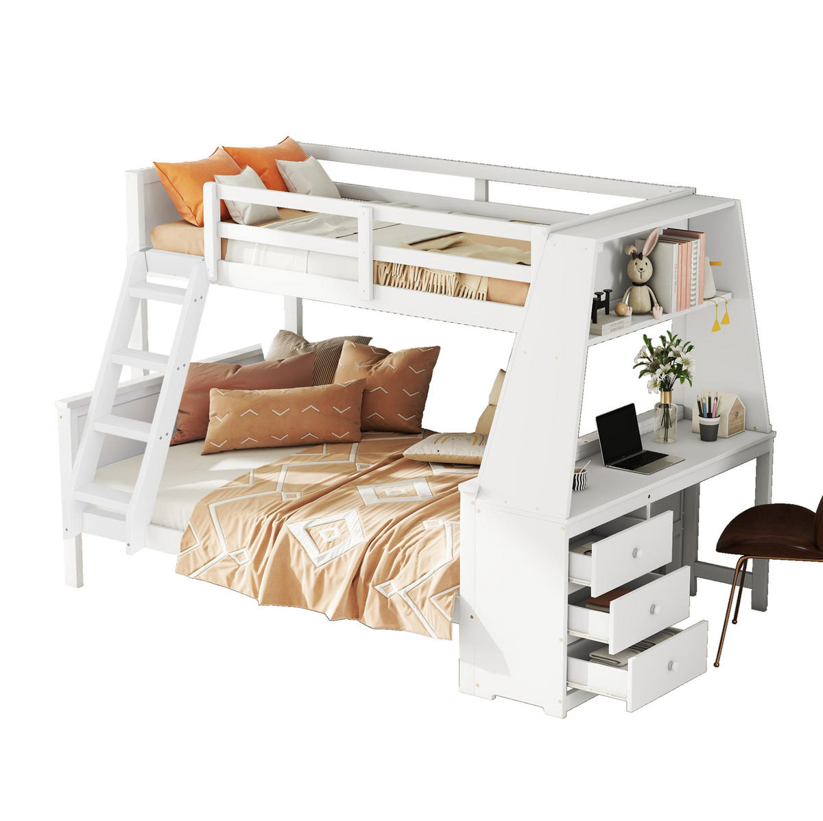 ETAGENBETT 90/200 + 140/200 cm Weiß mit Schreibtisch, Regal und Stauraum - Weiß, Holz (90/200cm) - Flora Grace