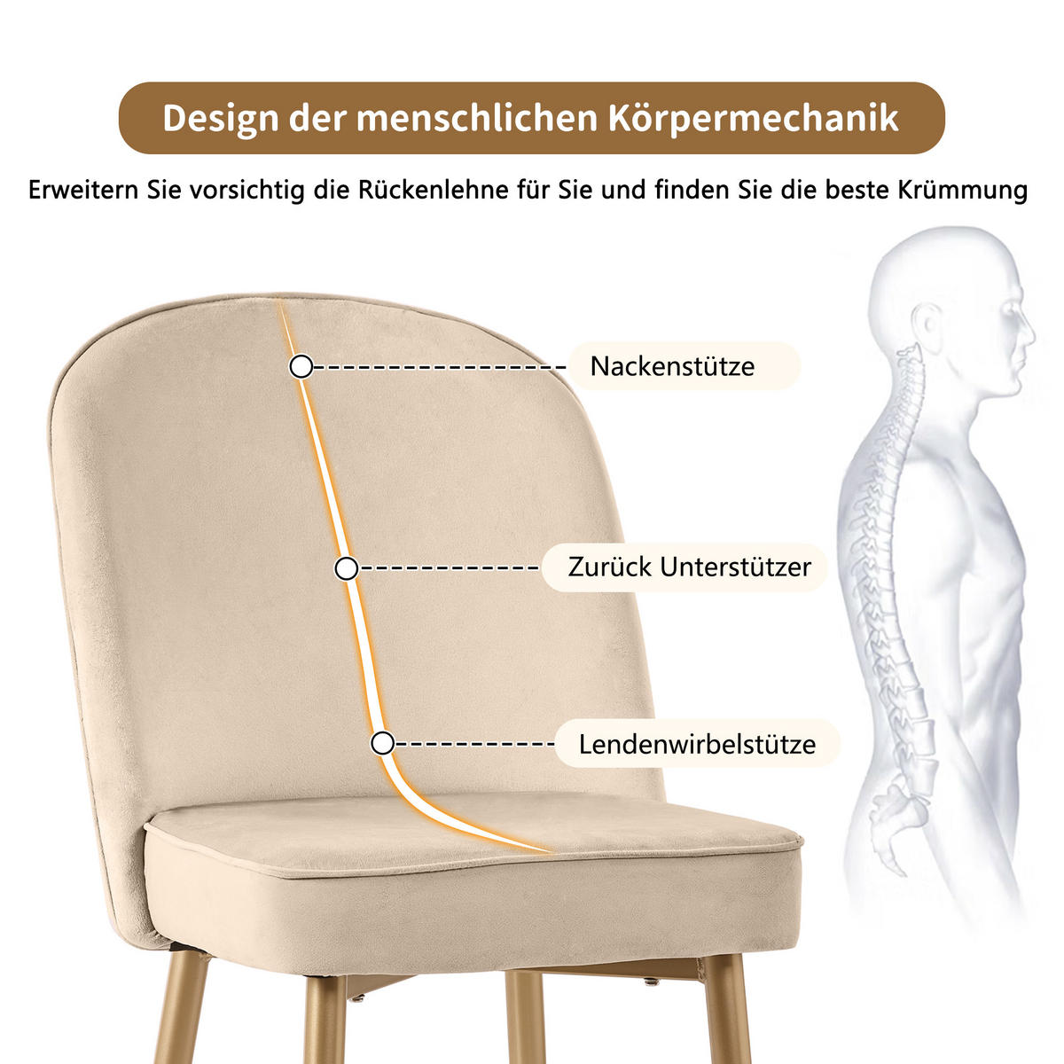 ESSZIMMERSTUHL 2-Tlg Beige Samt, Gold Beine, Wohnzimmer - Beige, Metall (45.5/87.5/62cm) - FLIEKS