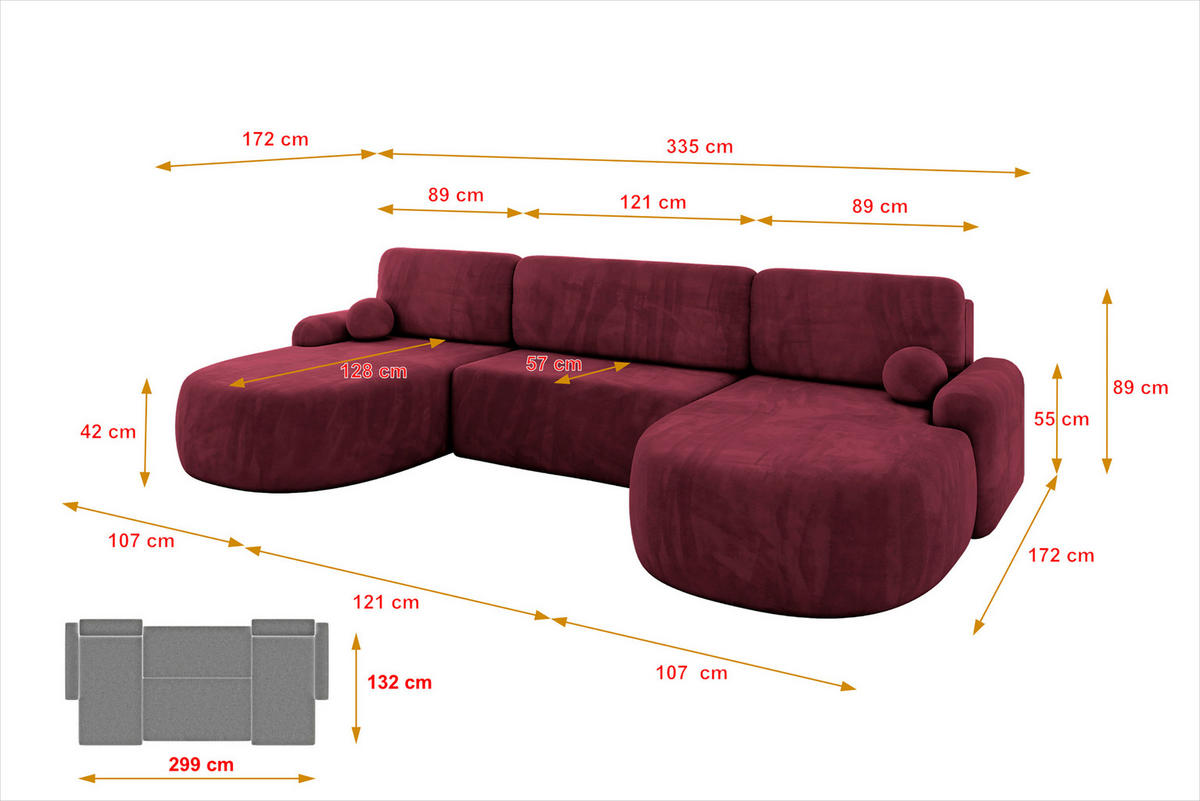 WOHNLANDSCHAFT mit Schlaffunktion und Bettkasten LIRA-U - 335x172x89 Bordeauxrot - Bordeaux, Holzwerkstoff/Textil (335/89/172cm) - ALTDECOR
