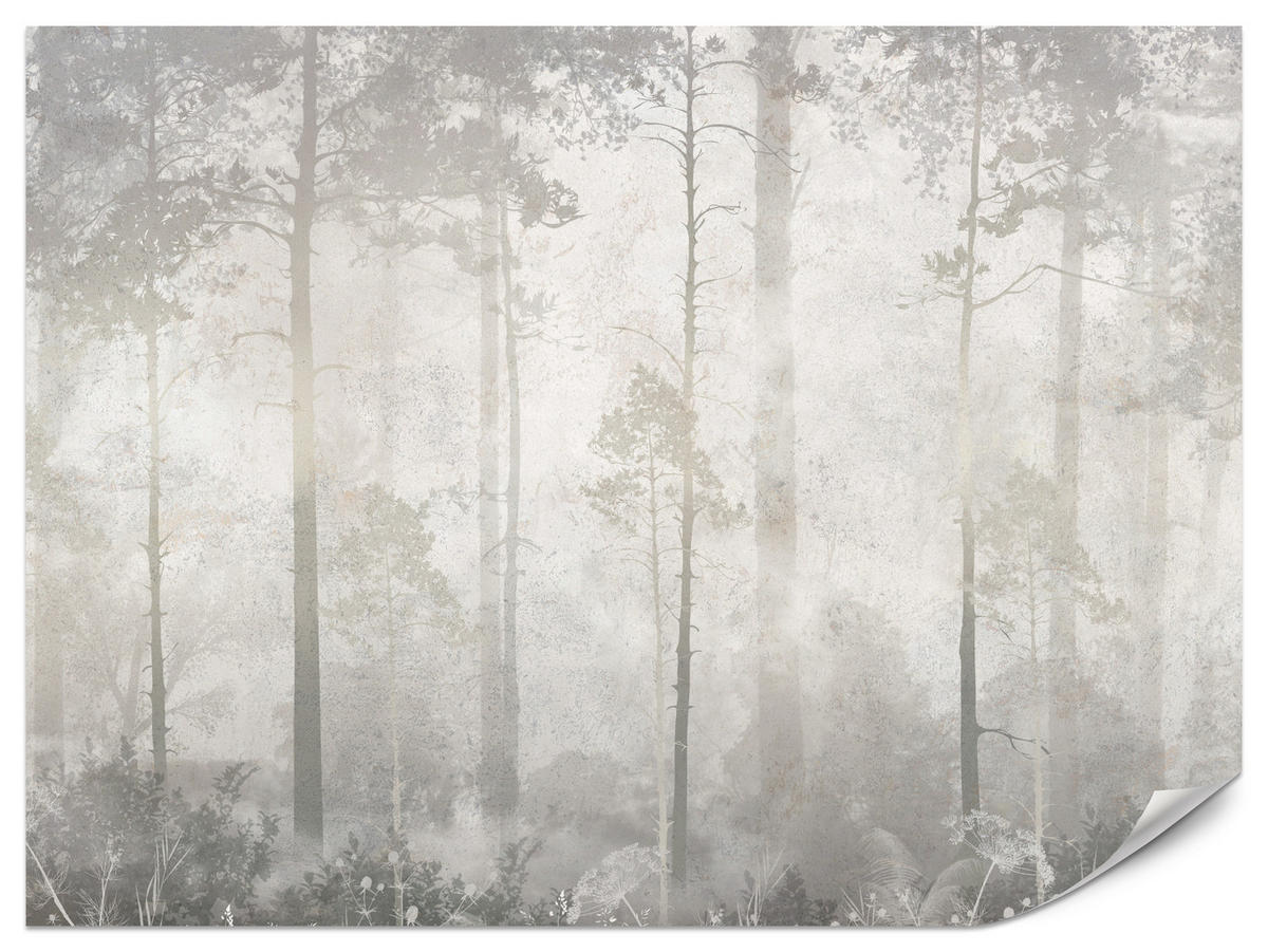 FOTOTAPETE für Wohnzimmer Nebliger Wald Vintage Bäume 300x210 - Beige/Grau, Papier (300/210cm) - Muralo
