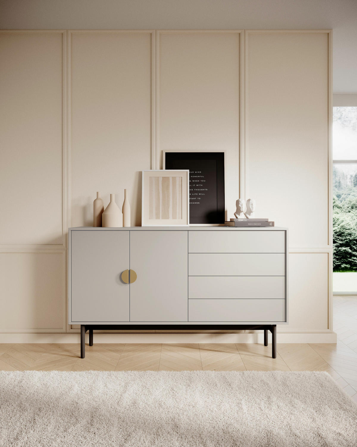 SIDEBOARD Stoon Grau-Beige 154 cm - Greige/Goldfarben, Holzwerkstoff/Metall (154/93/38cm) - Selsey