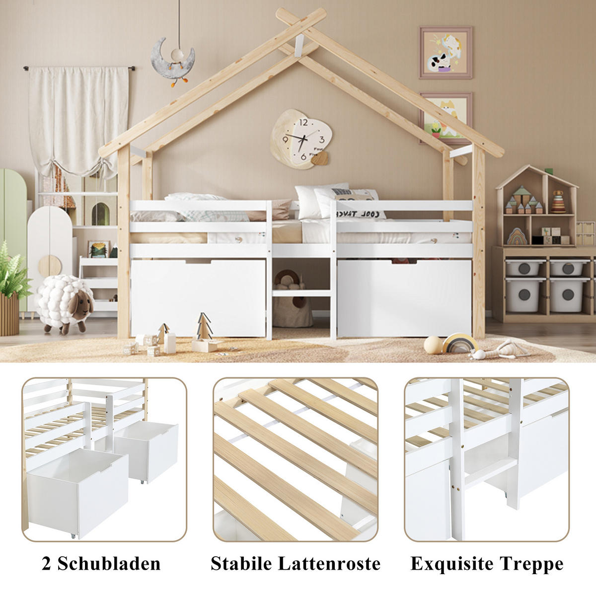 HAUSBETT 90/200 cm Weiß/Natur aus Kiefer und MDF mit Dach, Treppe und 2 Schließfächern - Weiß, Holzwerkstoff (90/200cm) - OKMYHOME