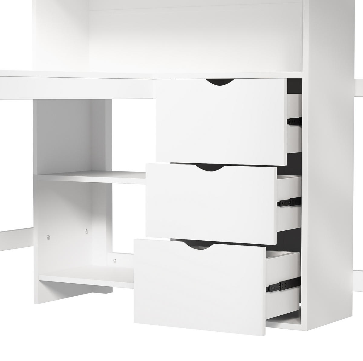 GORNJI krevet od borovine i MDF-a 90x200 cm bijeli sa stolom, ljestvama, policama i 3 ladice - bijela, drvni materijal (140/200cm) - Modfu