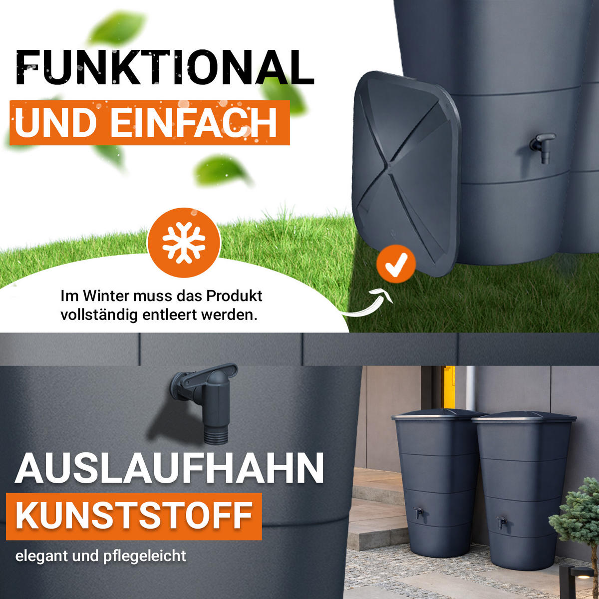 REGENTONNEN-SET eckig 400 L, graphite grey 2 x 200L Regentonne eckig inkl. Verbinder - Grau, Kunststoff (59.8/107/129.6cm) - GARANTIA