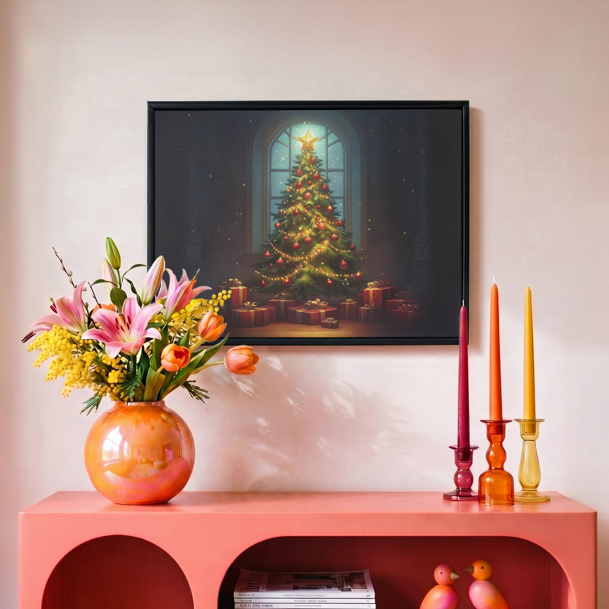 LEINWAND Bilder mit Rahmen - Weihnachtsbaum - Geschenk - Winter - 40x30 - Grün, Textil (40/30cm) - MuchoWow