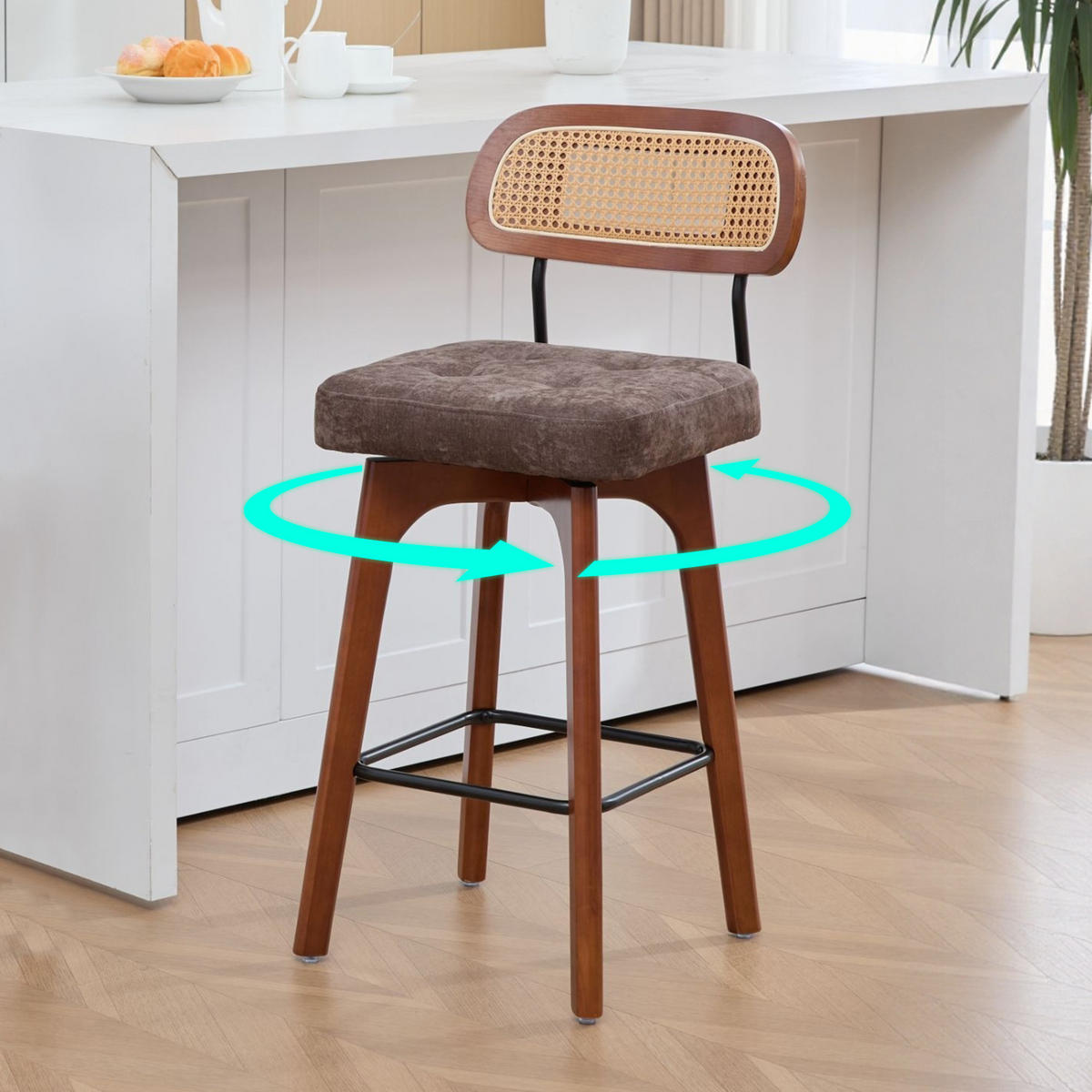 BARHOCKER 2er Set, 360° drehbar, Wiener Geflecht/Chenille, 67,5cm Sitzhöhe, Kaffeebraun - Wildeiche/Dunkelbraun, Holz/Textil (44/96/51cm) - LVHOM