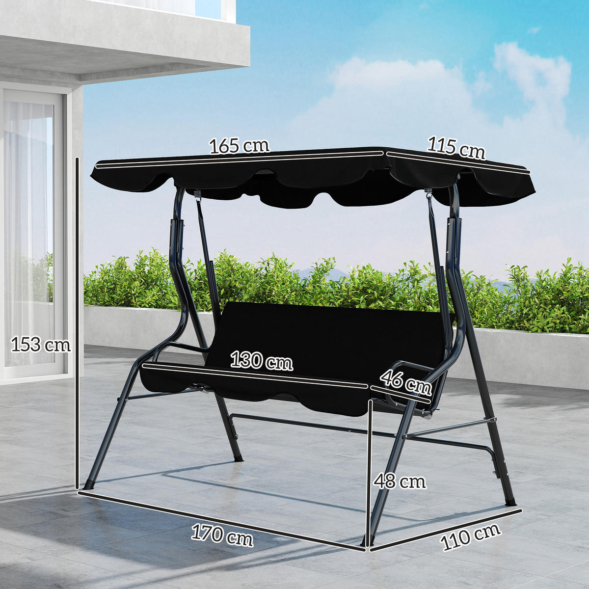 GARTENSCHAUKEL Schwarz 3-Sitzer mit verstellbarem Dach - Schwarz, Metall (170/153/110cm) - PANGIVO