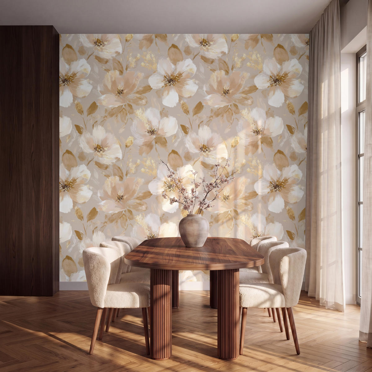 TAPETE - Blumen - künstlerisch - Gold - 260x280 cm - Beige, Papier (260/280cm) - OnlyWow