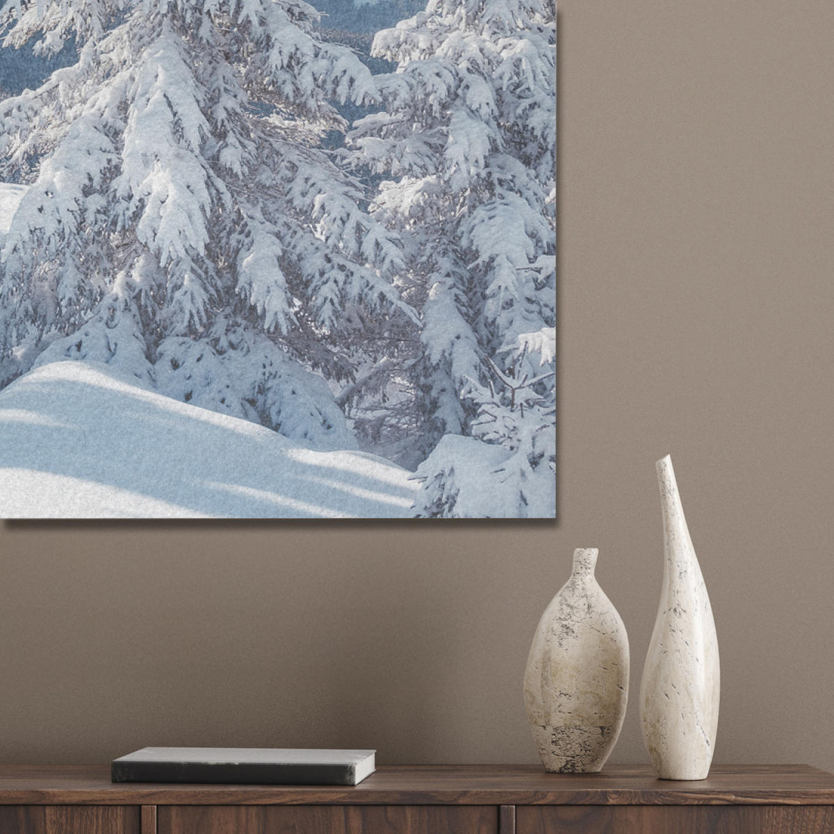AKUSTIKPANEEL Winterlandschaft - Natur - Berge - Bäume - Schnee 100x70 cm - Hellblau, Textil (100/0.9/70cm) - MuchoWow