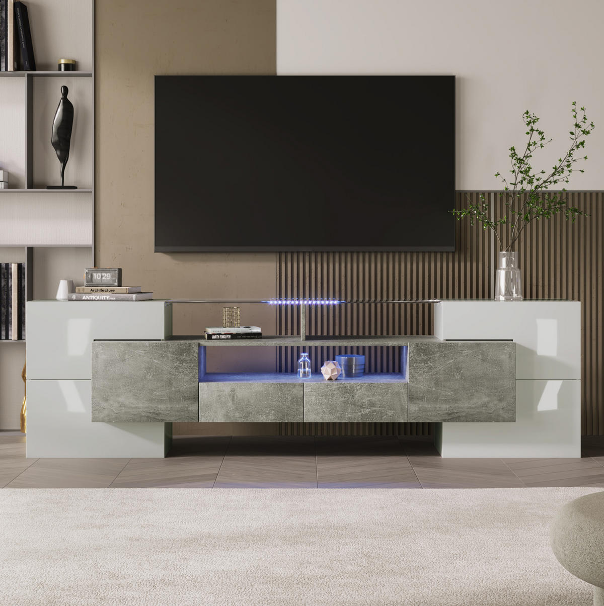 LOWBOARD 200/35/60 cm in Hochglanzweiß und Beton aus MDF mit LED-Beleuchtung - Weiß, Holzwerkstoff (30/60/200cm) - OKMYHOME