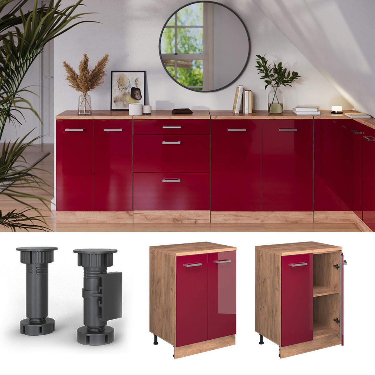 ORMAR ZA POTKROVLJE Rion Crveni visoki sjaj 60 x 81.6 cm bez kosine s 2 vrata - hrast medunac/crvena, drvni materijal (60/83.8/46cm) - Vicco